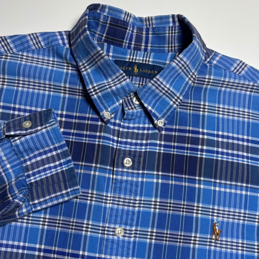 Ralph Lauren Oxford Blue Plaid‎ Men's XL Long Sleeve Button Down Pony Logo Shirt